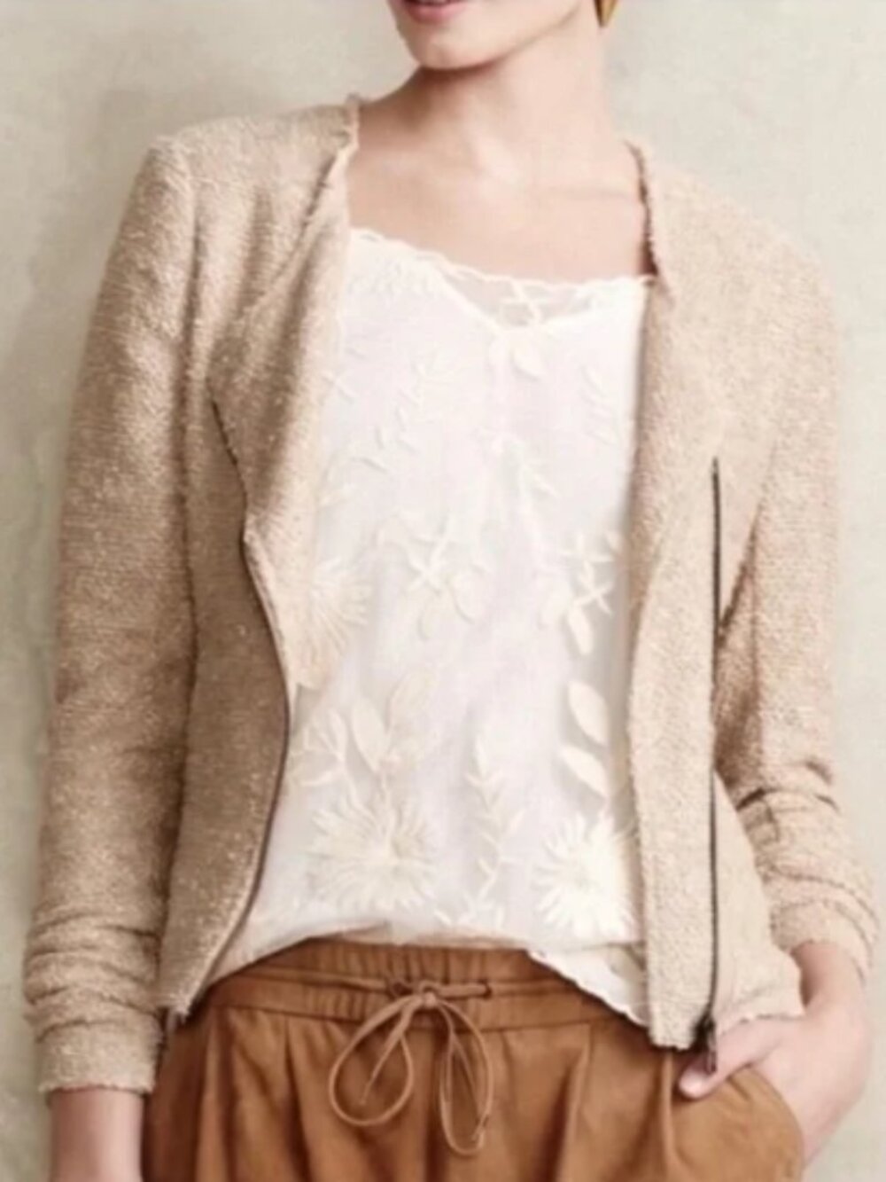 ANTHROPOLOGIE Cartonnier Cream Knit Moto Jacket | Small